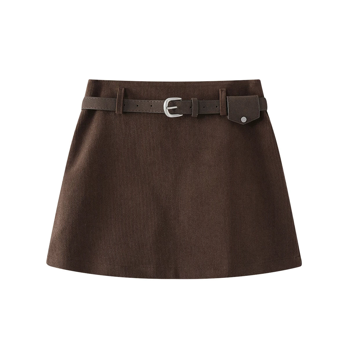 Chola Lisa Retro Corduroy Midi Ətək Qadınlar üçün 2026-cı ilin yaz və payız yeni stili yüksək belli, çoxfunksiyalı, kalçaya bərkidilmiş qəhvəyi A-xəttli mini ətək