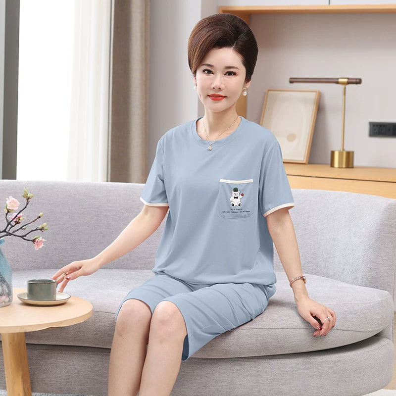 Fenton Kean Modal Pijama Qadın Orta Yaşlı və Yaşlı Analar üçün Yay İncə Qısaqol Soyuq Pullover Ev Geyimi Dəsti