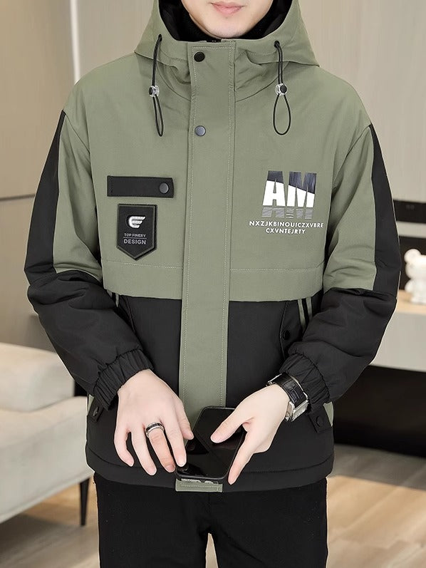 Yun astarlı və qalınlaşdırılmış kişi pambıqlı palto, dəbli Koreya üslubunda başlıqlı pambıqlı gödəkçə, şık, çox yönlü və isti kişi pambıqlı geyimləri