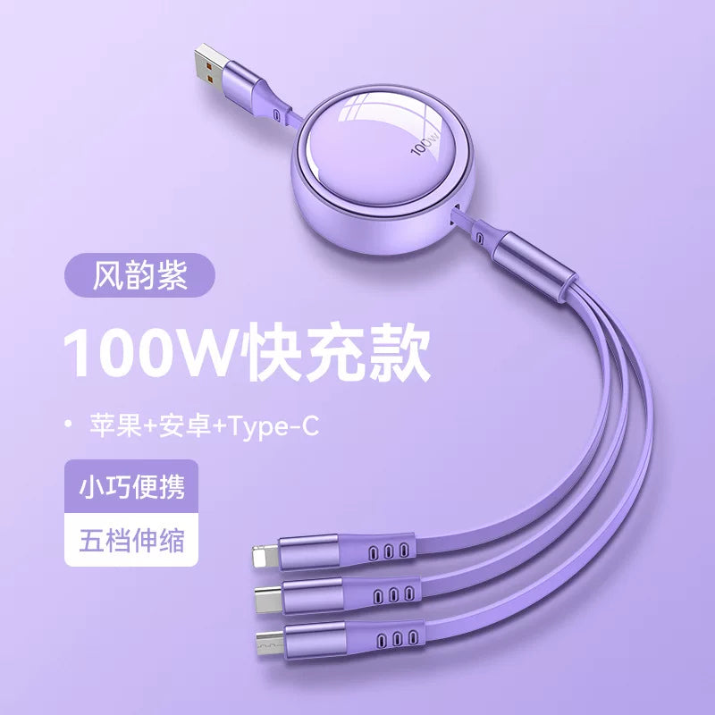 Avtomobil şarj cihazı, 100 Vt məlumat kabeli, super sürətli şarj, 3-ü 1-də geri çəkilə bilən kabel, Apple, Android və Type-C ilə uyğundur.