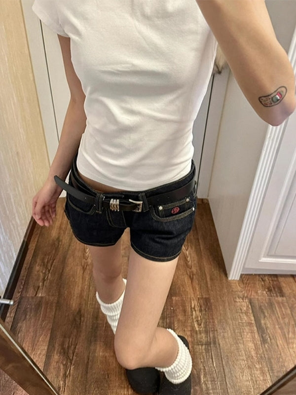 Qadınlar üçün böyük ölçülü tünd göy rəngli, aşağı belli denim şortlar, yeni yay stili, böyük ölçülü qadınlar üçün seksual, arıqladıcı, çox yönlü düz ayaqlı isti şalvar.