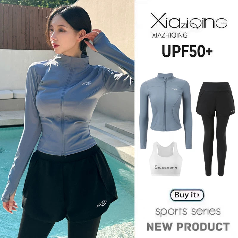 Koreya wetsuit qadın split nazik uzunqol şalvar sörf kostyumu mühafizəkar tələbə idman günəşdən qoruyan isti yay mayo