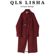 Chola Lisa-nın qadınlar üçün gənc və gözəl qalın qırmızı yun paltosu, payız və qış, Hepburn üslubunda, yüksək keyfiyyətli uzun yun palto.