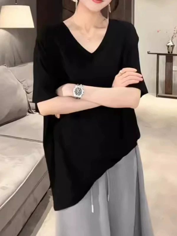 Böyük ölçülü yağlı mm buz ipək V-yaxa tənbəl qısaqol köynək qadınlar üçün yay Koreya stili düz rəngli boş arıqlayan minimalist üslubda top