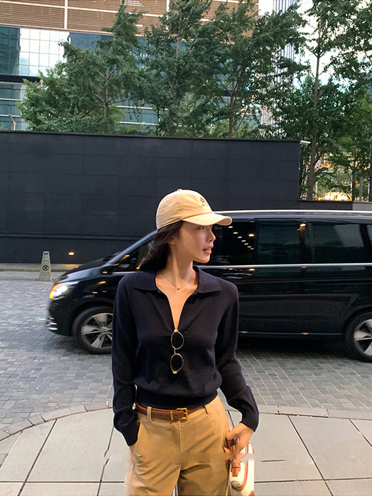 Qadınlar üçün köhnə üslubda polo yaxalıqlı toxunma sviter, payız, tənbəl, zərif, gənc, gündəlik V-yaxalı uzunqol köynək