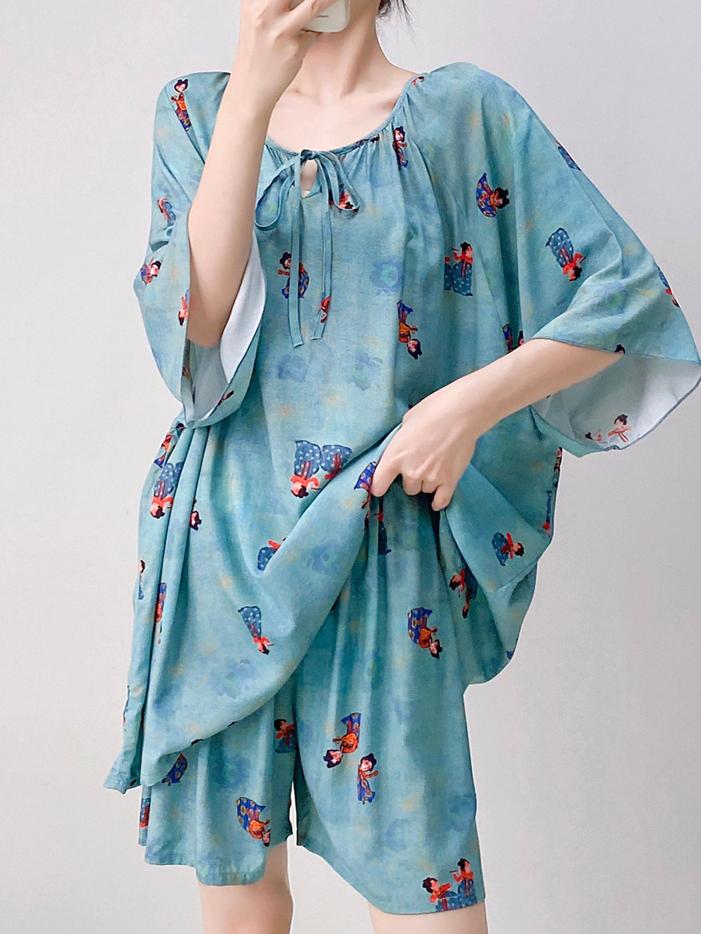 Qadınlar üçün yeni Çin üslublu retro pambıq ipək pijama, yay qısaqol şort, boş və geyilə bilən, yüksək səviyyəli ev paltarı dəsti