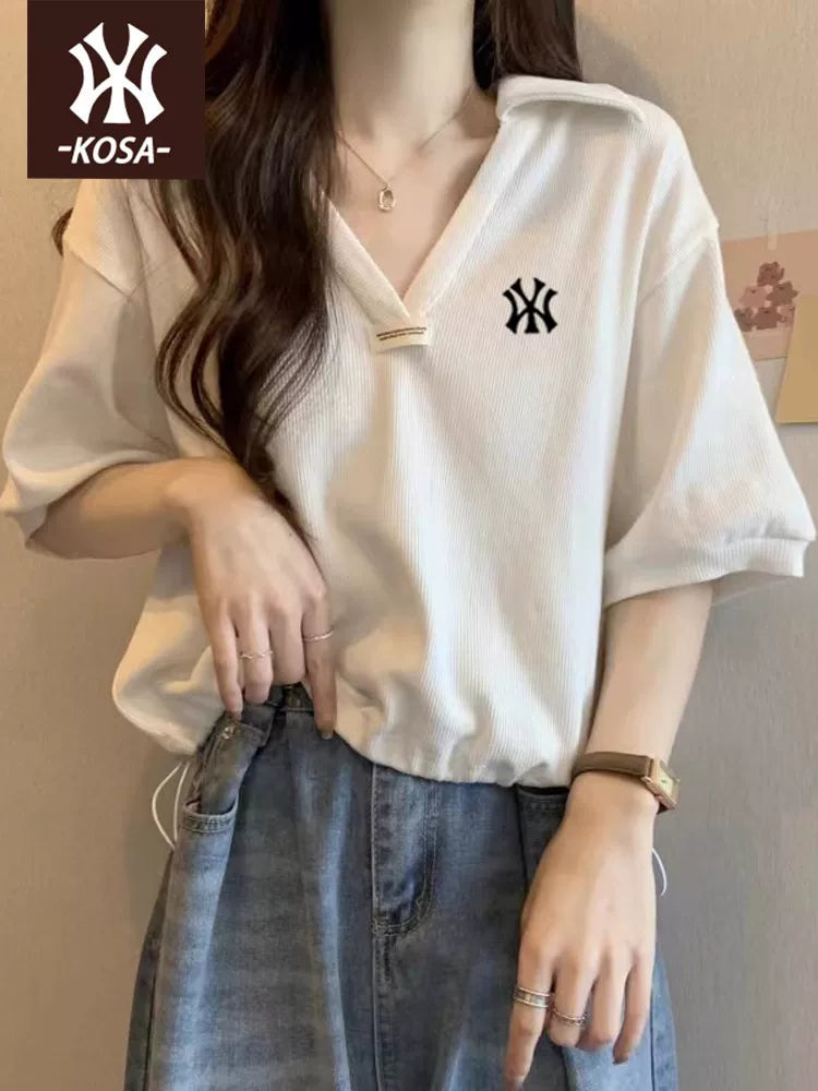 [Stokda olan brend] Satış nöqtələrində sürətli satış丨Qadınlar üçün yay üçün qısaqol köynək yeni stil polo yaxası boş top moda