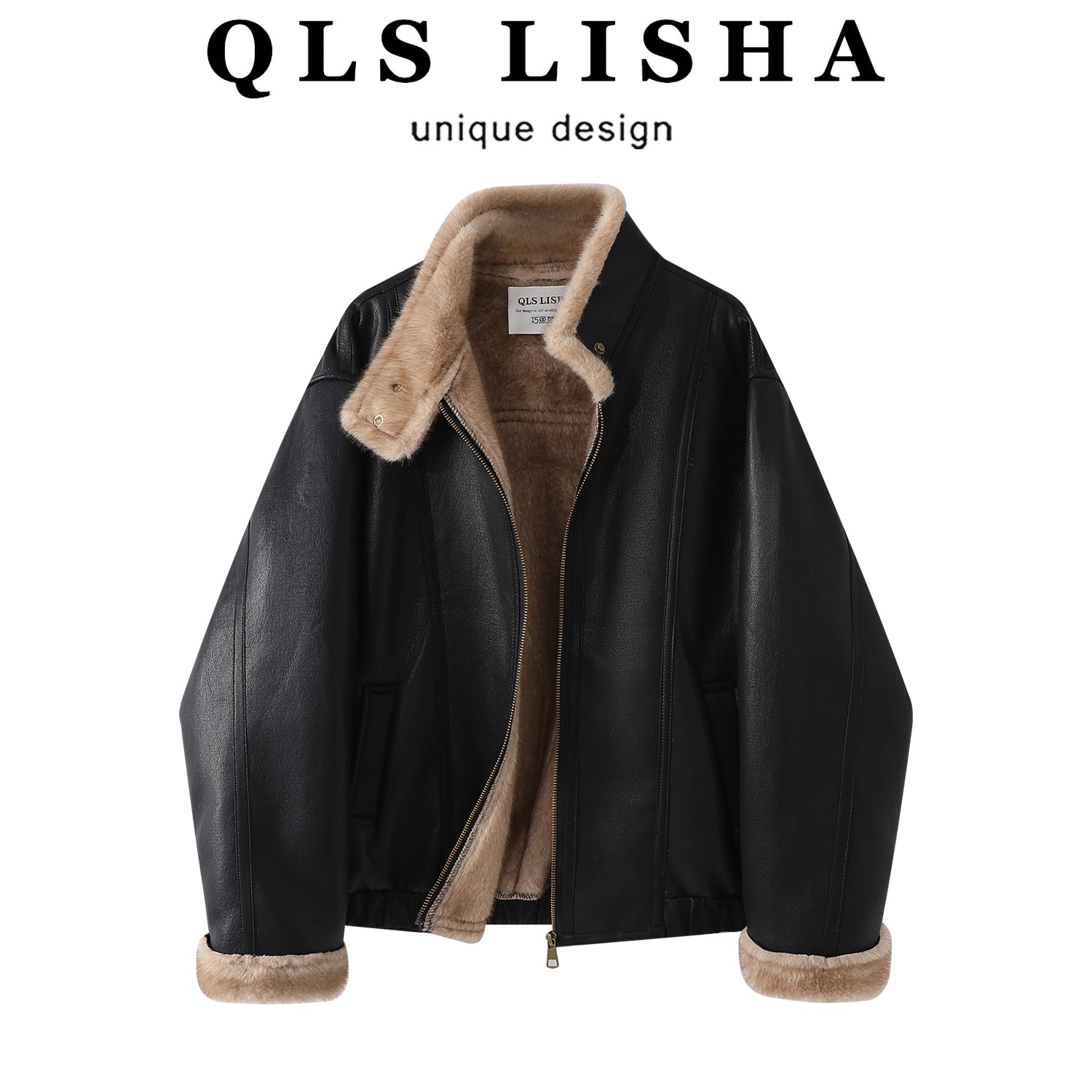 Cholisa-nın dəbli qadın qış qara dəri gödəkçəsi, yun astarlı və qalın quzu yunundan, motosiklet üslublu üst geyim.