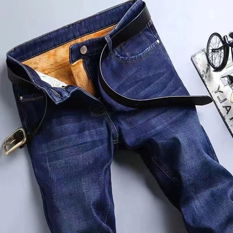 Kişilər üçün Payız/Qış Qalın Dartılan Yun Astarlı Denim Cins Şalvar, Düz Ayaqlı, Boş Formalı, Gündəlik, Böyük Ölçülü, Yüksək Bel, İsti və Quru Şalvar