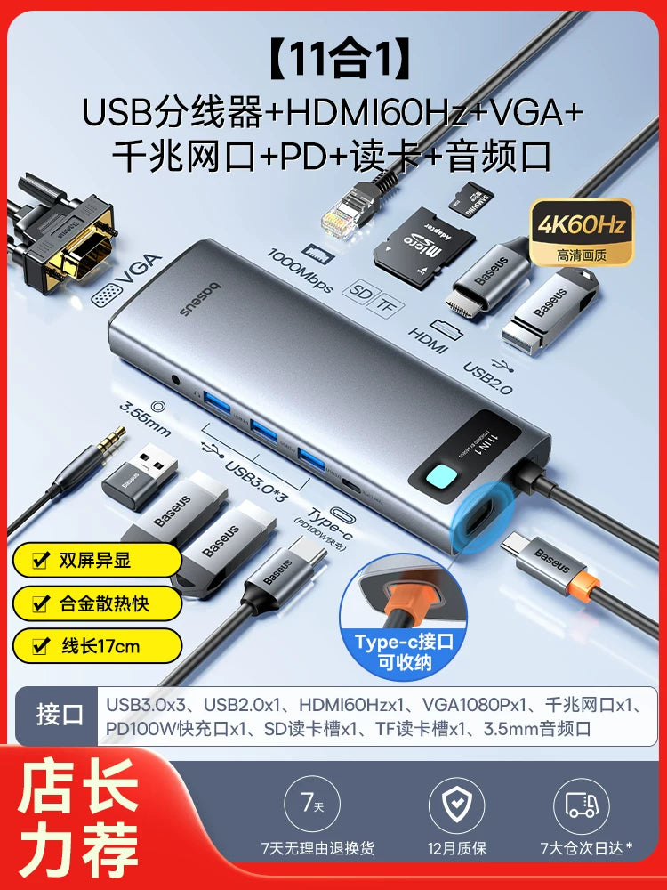 Baseus dok stansiyası Type-C-dən HDMI proyeksiyasına USB splitter adapter mərkəzi Kompüterlər, iPad-lər, noutbuklar, planşetlər və mobil telefonlar üçün Thunderbolt 4 çoxportlu Ethernet çeviricisi