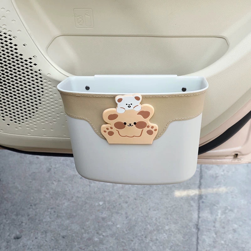 Car trash can, side door storage, interior premium feature seat back multi-function storage umbrella holder