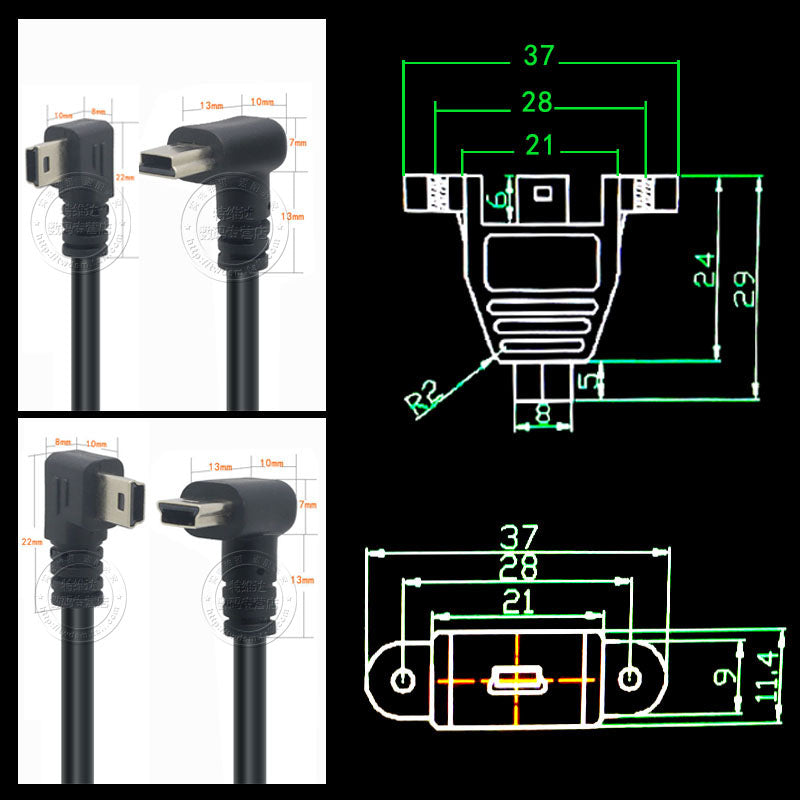 fiksasiya üçün vida deşikləri olan mini USB uzatma kabeli mini T-port kişidən qadına qulaqlı uzatma kabeli T-port 5P çevirici trapezoidal köhnə dəbli miniusb qadın oturacağı sürücülük yazıcısı avtomobil