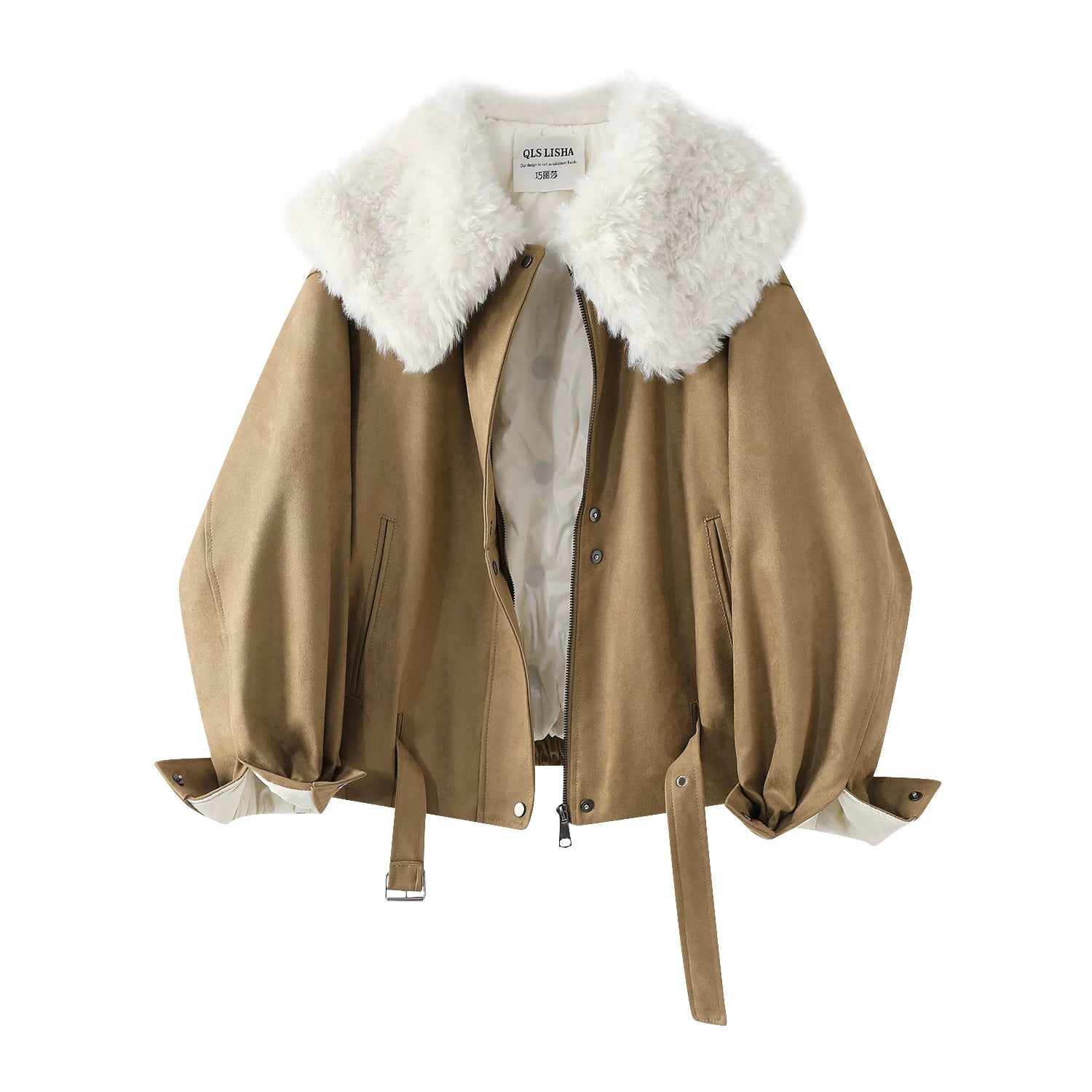 Cholisa-nın özünəməxsus və gözəl qış isti qırmızı qısa qalın paltosu, quzu yun yaxası olan qadın aşağı gödəkçəsi.