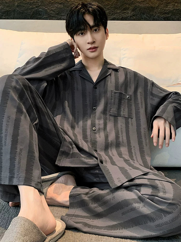 Langsha Kişilər üçün Təmiz Pambıq Pijama 2025 Yeni Yaz və Payız Nazik Uzunqollu Böyük Ölçülü Payız və Qış Kişilər üçün Ev Geyimləri Dəsti