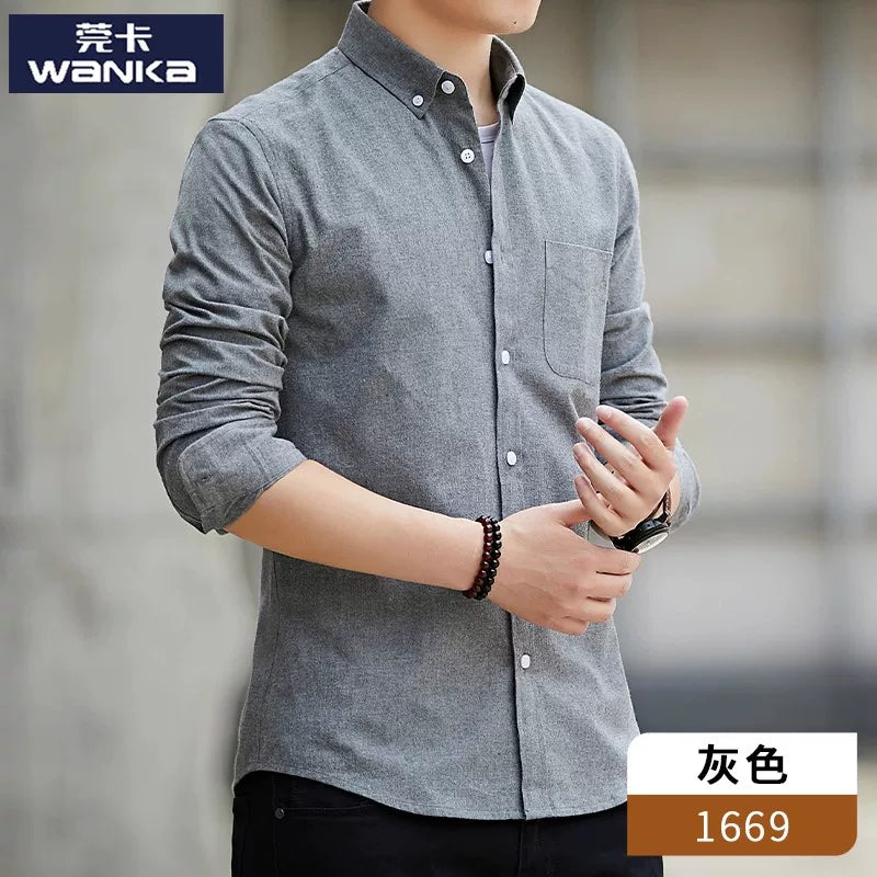 Kişilər üçün uzunqol köynək, gənclik üslubunda, boş forma, dəbli brend, yüksək səviyyəli Oksford parça, düz rəng, payız geyimi, gündəlik üst geyim.