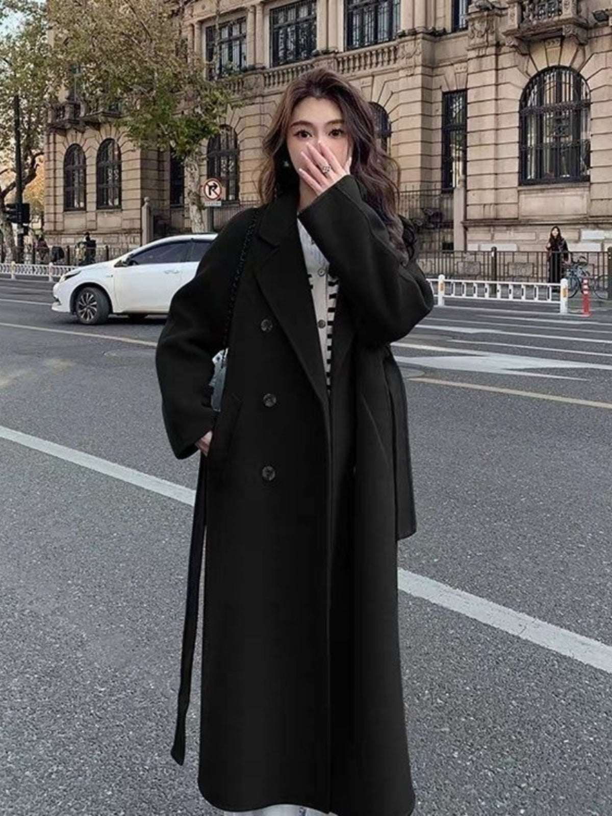 Qara yun palto, Koreya üslubunda, arıqladıcı, kiçik, zərif, orta uzunluqlu, yüksək səviyyəli, unikal, qadınlar üçün qalın blazer gödəkçə.