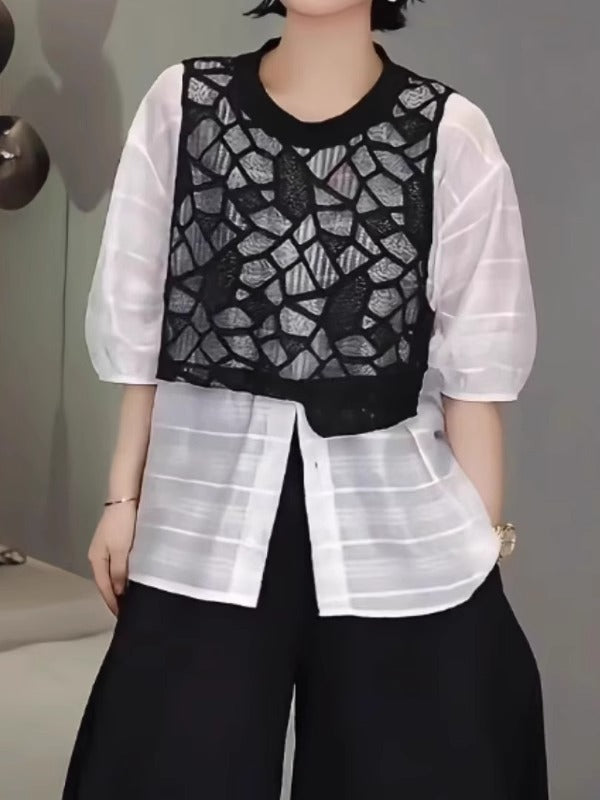 Avropa Stil 2026 Yay Yeni Plus Ölçülü Dizayn Krujeva Yamaqlı Dəyirmi Yaxalı Boş Qısa Qollu Köynək Qadınlar üçün Ən Trendy