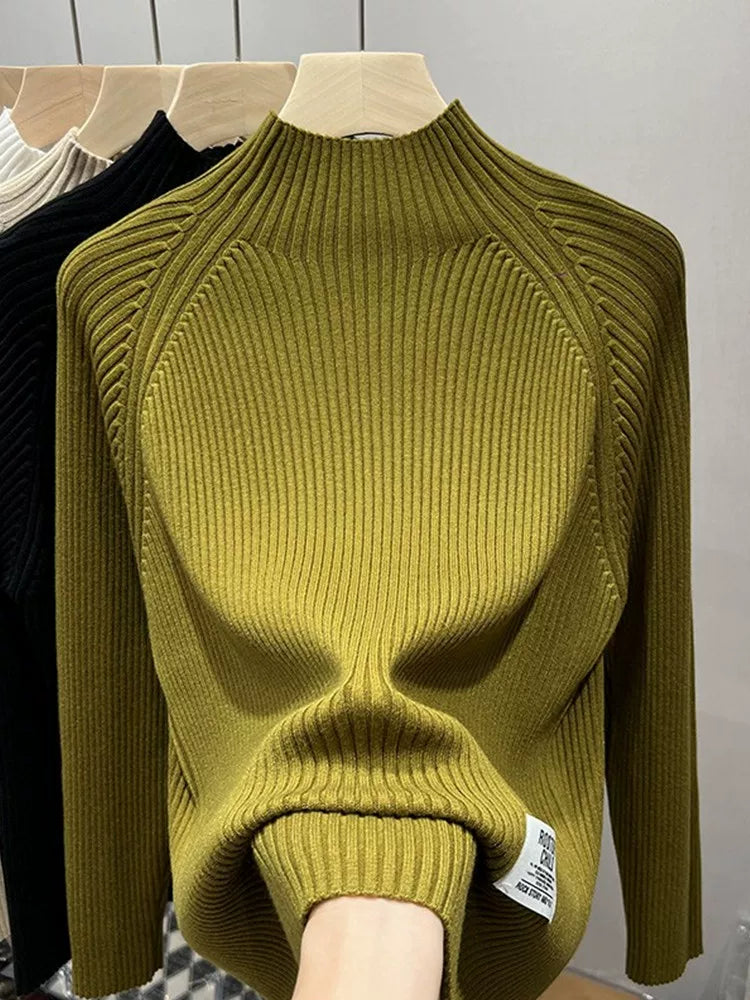 Large size women's autumn and winter new style solid color semi-high collar sweater, loose and stylish inner knitted top