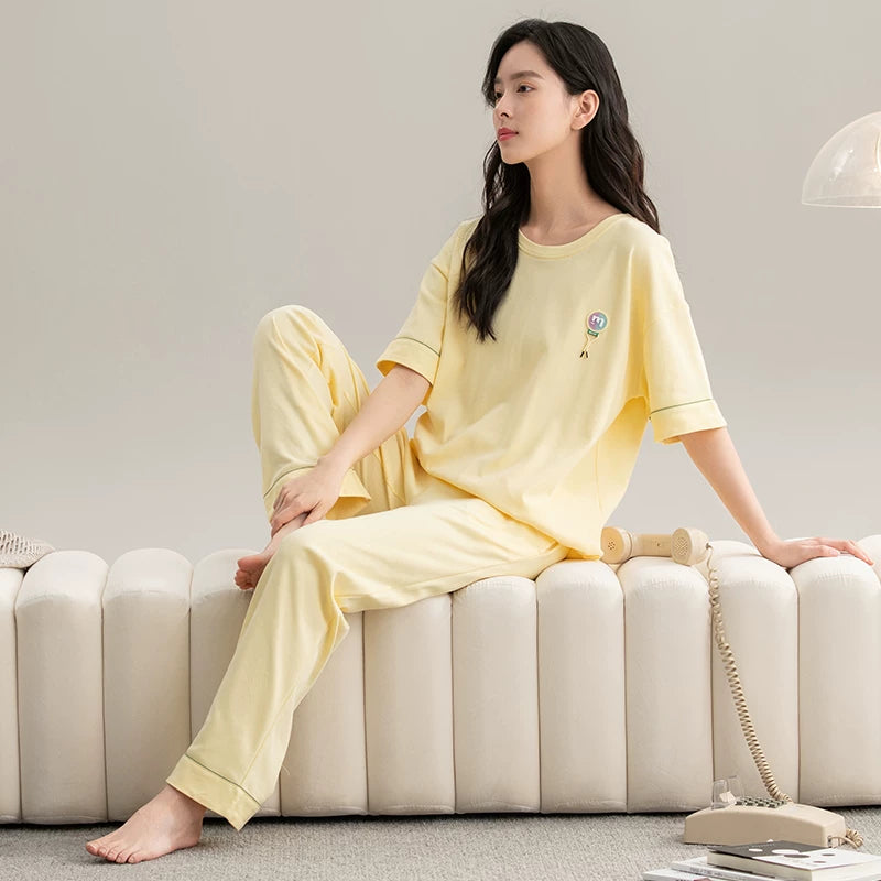 Qadınlar üçün Catman pijama 2026 yay yeni tip təmiz pambıq qısaqol şalvar çöldə geyinmək olar 7A antibakterial ev paltarı dəsti