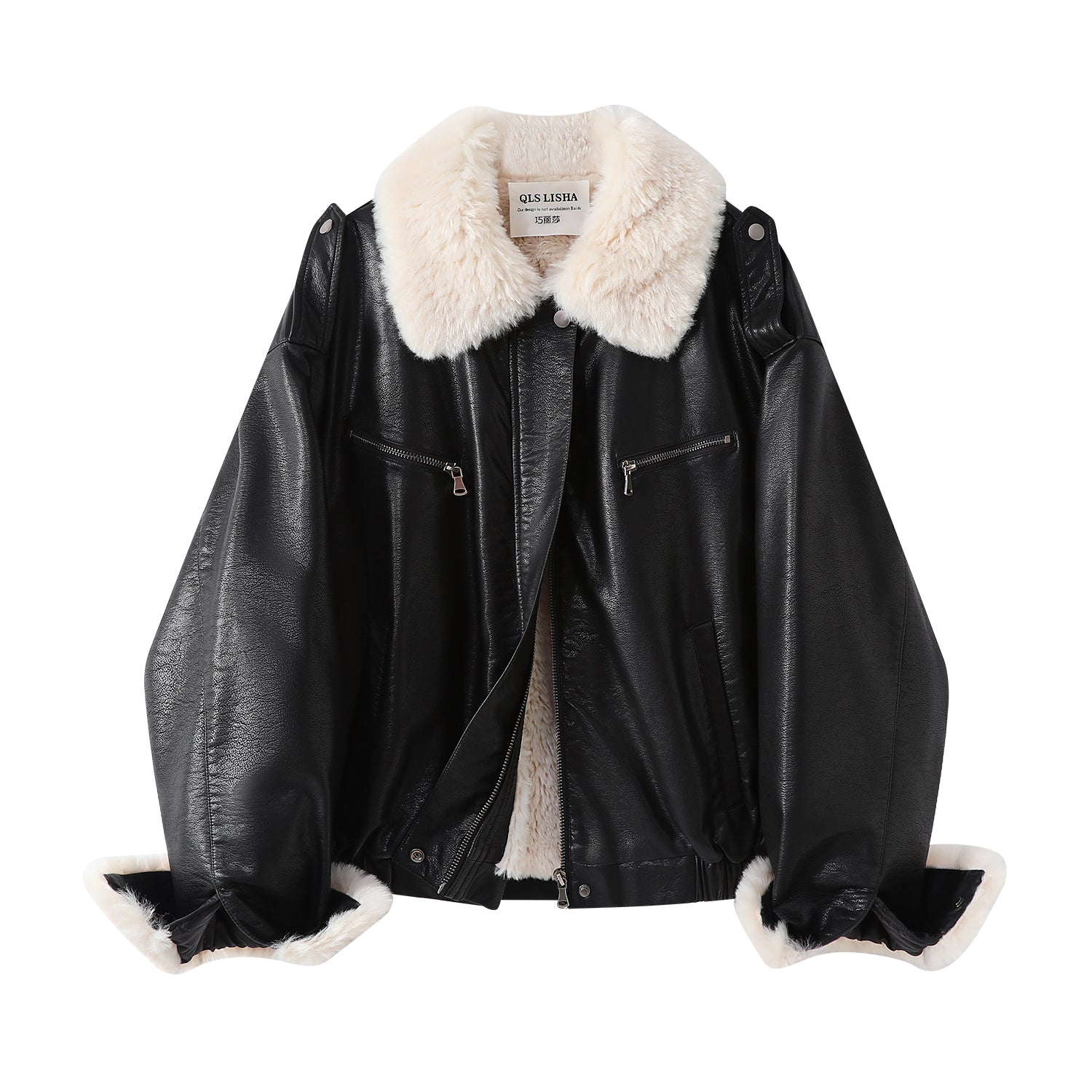 Cholisa Lambswool Dəri Gödəkçə Qara rəngli yun astarlı və qalınlaşdırıcı motosiklet gödəkçəsi, Qadınlar üçün 2025-ci ilin payız və qış super populyar PU dəri gödəkçə