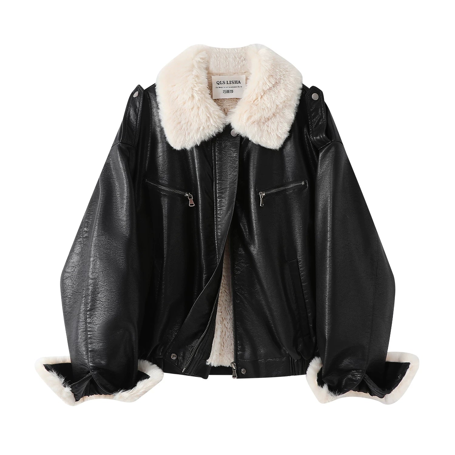 Cholisa Lambswool Dəri Gödəkçə Qara rəngli yun astarlı və qalınlaşdırıcı motosiklet gödəkçəsi, Qadınlar üçün 2025-ci ilin payız və qış super populyar PU dəri gödəkçə