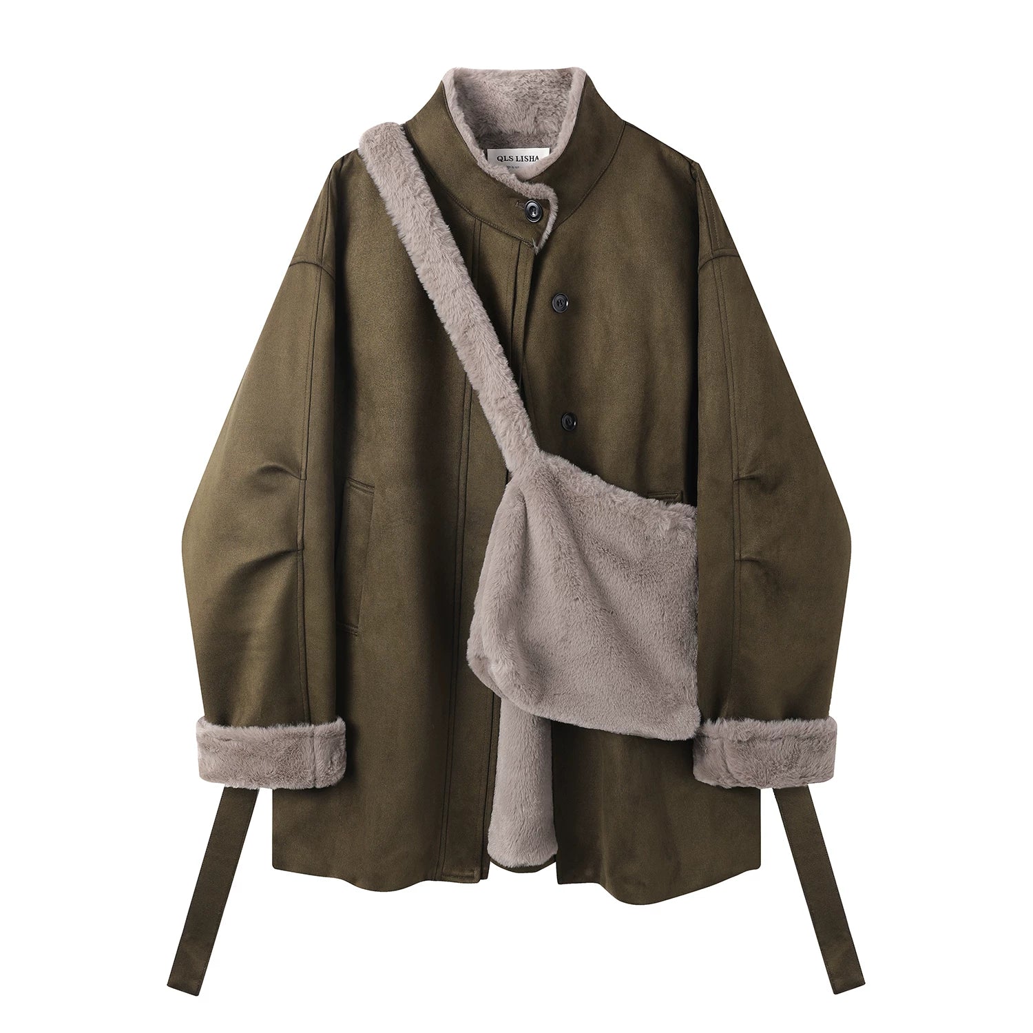 Cholisa-nın çox şirin payız/qış paltosu, 2025-ci ilin yeni modeli, dəbli qadın geyimləri, tüklü orta uzunluqlu zamşa palto.