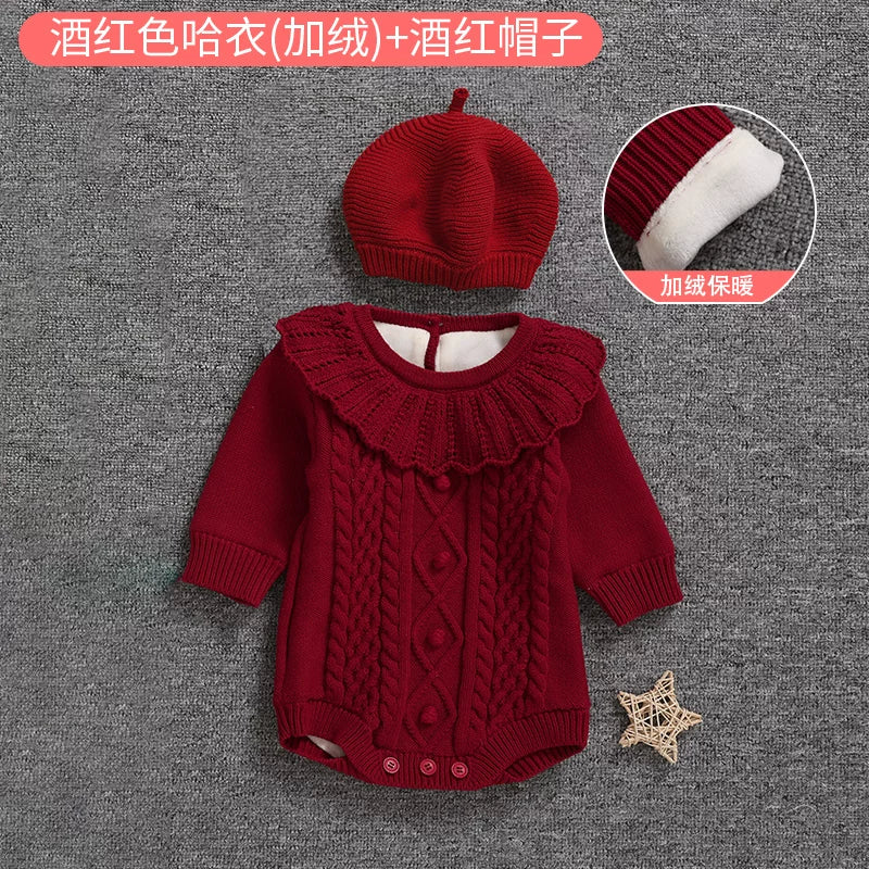 Qız uşağı üçün qış sviteri, yun astarlı, yeni doğulmuş/tam aylıq körpə geyimləri, şahzadə stilində şık romper, ilk ad günü dəsti, qırmızı.