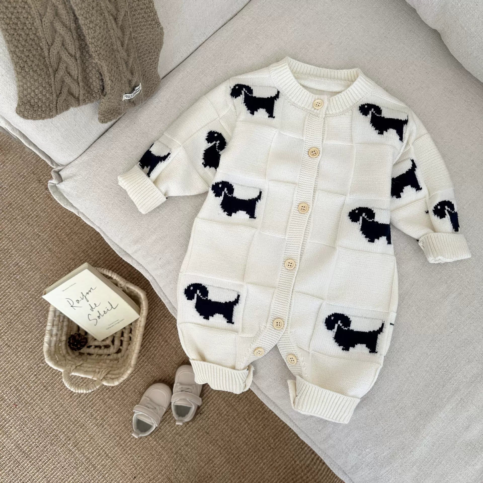 ARIELLE DE PINTO Oğlanlar üçün Fransız Yaz/Payız Körpə Trikotaj Onesie Sviter, Dolunay Çəkilişi/Sürünmə Kostyum