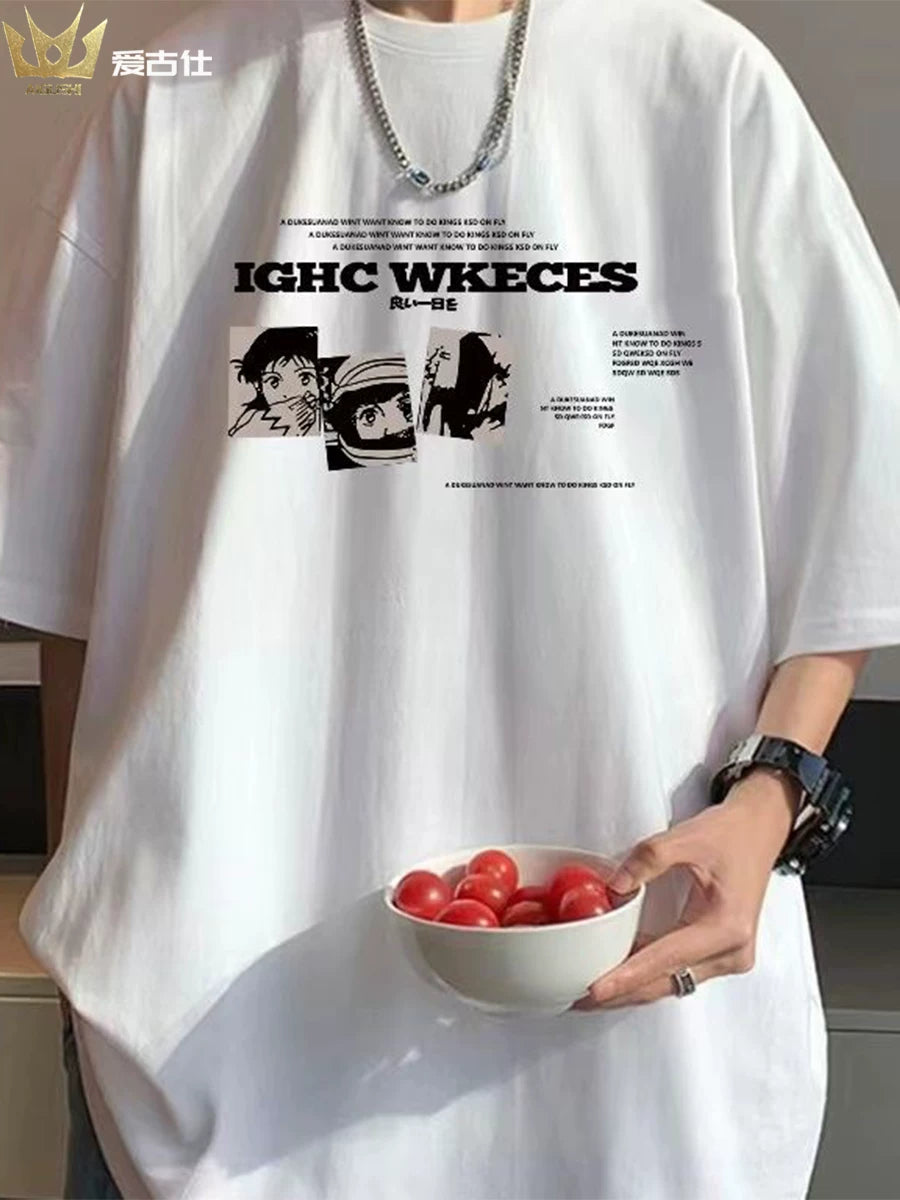 Bordo moda brendi köynək kişilər üçün ağır çəkili təmiz pambıq qısaqol ice-feel Amerika yüksək küçə anime yay buz ipək yarımqol köynək