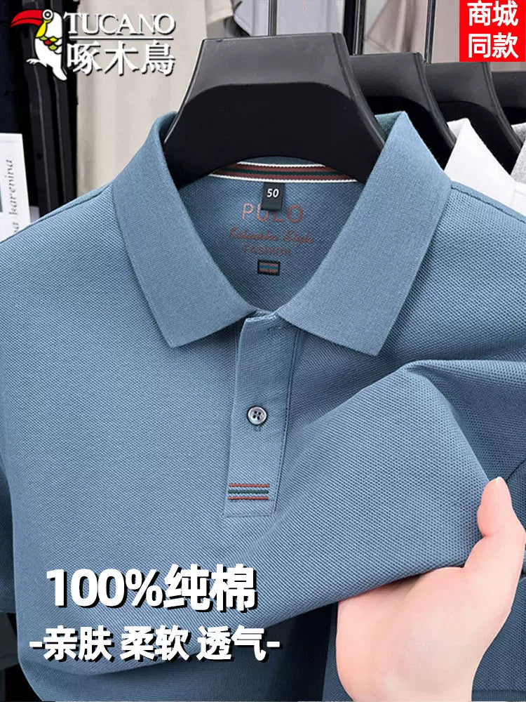 Ağacdələn 100% pambıqdan qısaqol yaxalı kişi POLO köynəyi gündəlik işgüzar naxışlı, yuyulmuş boş top