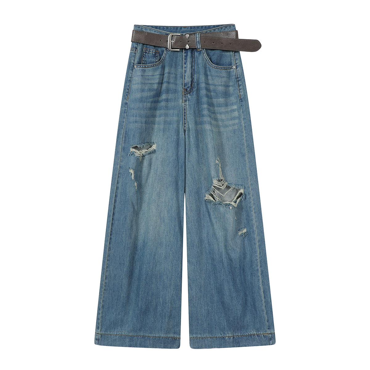 Chorissa Amerika Retro Mavi Yüksək Belli Cırıq Cins Şalvar Qadınlar üçün Yay Nazik Boş Gündəlik Çoxfunksiyalı Geniş Ayaqlı Şalvar