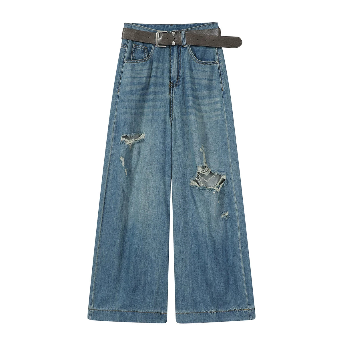 Chorissa Amerika Retro Mavi Yüksək Belli Cırıq Cins Şalvar Qadınlar üçün Yay Nazik Boş Gündəlik Çoxfunksiyalı Geniş Ayaqlı Şalvar