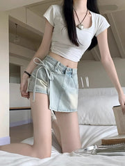 Qadınlar üçün böyük ölçülü retro denim midi ətək, yay üslubunda, yüksək belli, arıqladıcı, ombaya yapışan A-xəttli mini ətək/şalvar.