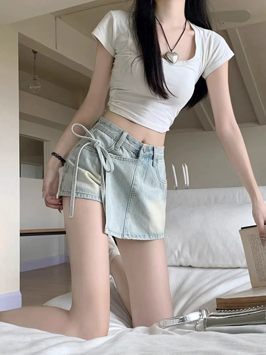 Qadınlar üçün böyük ölçülü retro denim midi ətək, yay üslubunda, yüksək belli, arıqladıcı, ombaya yapışan A-xəttli mini ətək/şalvar.