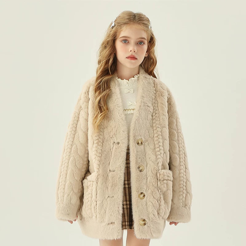 OPCP Uşaq Xəz Paltosu, Yeni Payız/Qış Modeli, Qızlar üçün Kabel Örgü Naxışlı Süni Mink Qısa Kardiqan