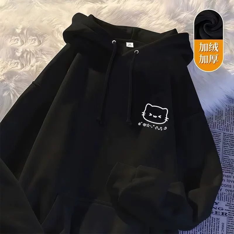 Oğlan və qız uşaqları üçün yeni stildə küçə cizgi filmi pişik naxışlı kapşonlu sviter, geniş formalı, orta və böyük uşaqlar üçün payız və qış aylarında çoxfunksiyalı top və palto.