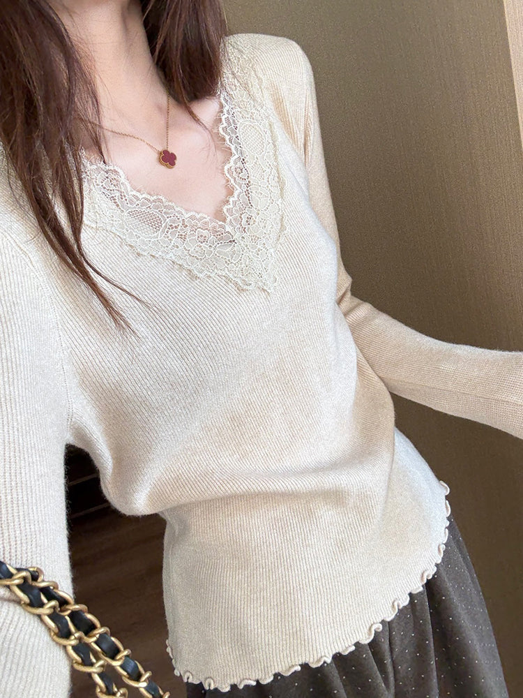 Qadınlar üçün sadə rəngli V-formalı krujeva əsas qatlı top, 2025 payız yeni Koreya üslubunda sadə üslublu daxili qatlı top.