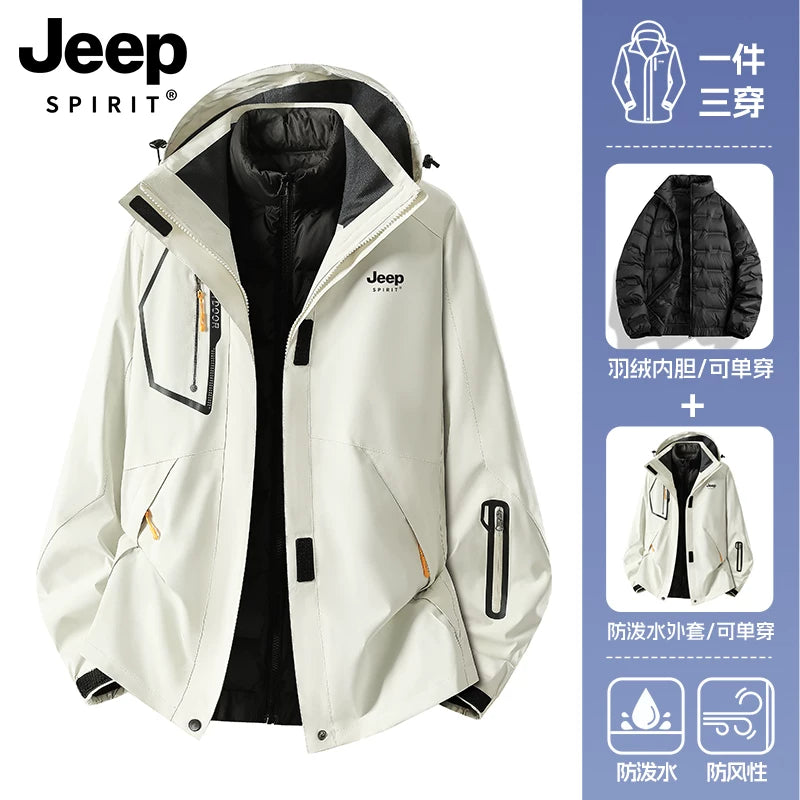 JEEP Kişilər üçün 2025-ci il Yeni Model Yaz, Payız və Qış Üçlü Birdə Yun Astarlı Qalın Kişi Üst Geyimləri