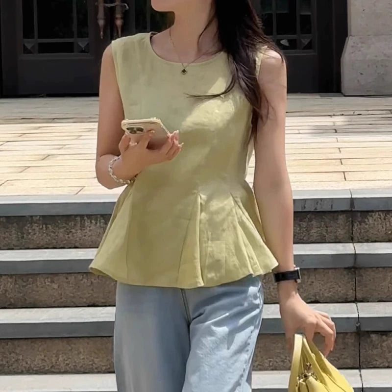 Qadınlar üçün böyük ölçülü, şık qolsuz jilet köynək, yeni yay stili, Koreya dəbi, boş forma, gözəl və arıqladıcı.