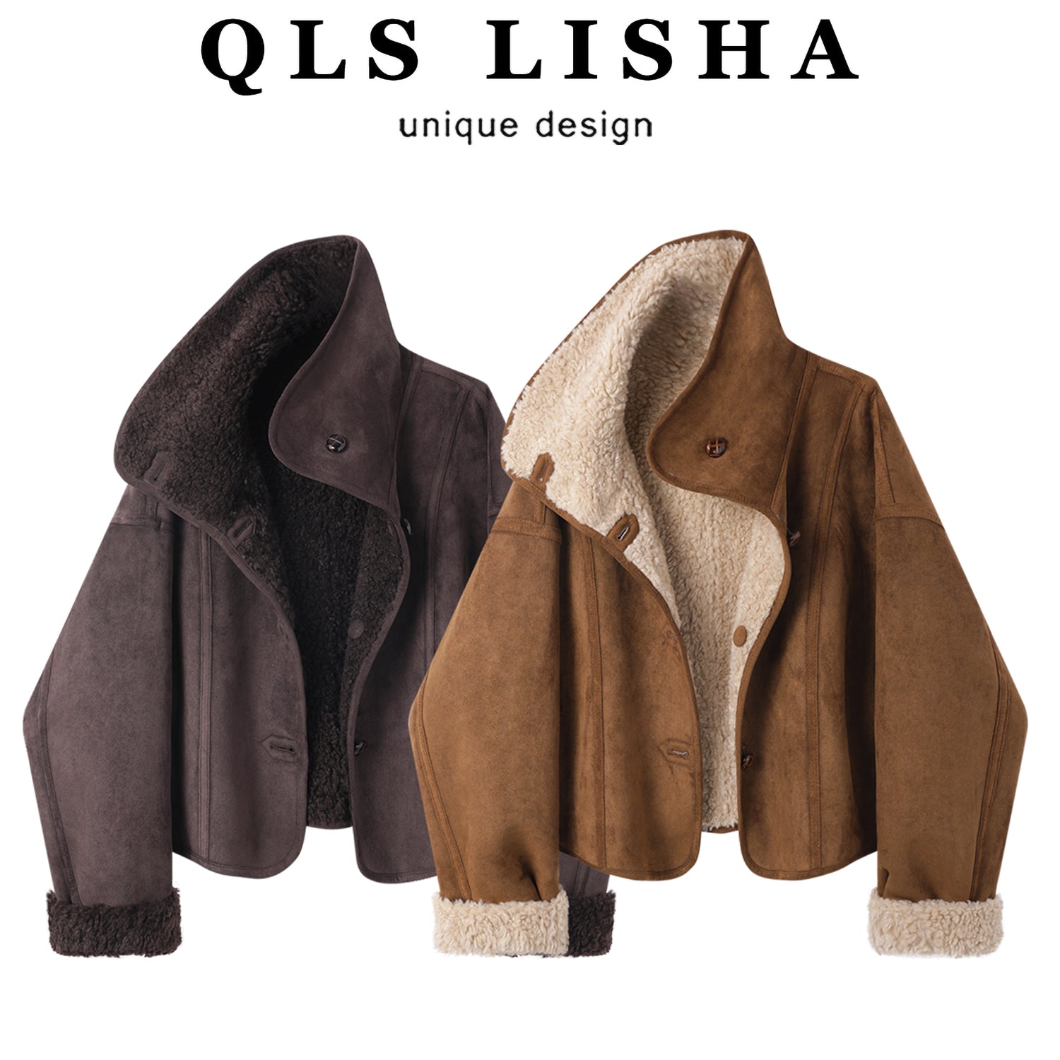 Cholisa-nın qadınlar üçün super şirin, geridönən zamşa qısa gödəkçəsi, 2025-ci ilin payız və qış yeni dəbi, qalınlaşmış quzu yunundan hazırlanmış top.