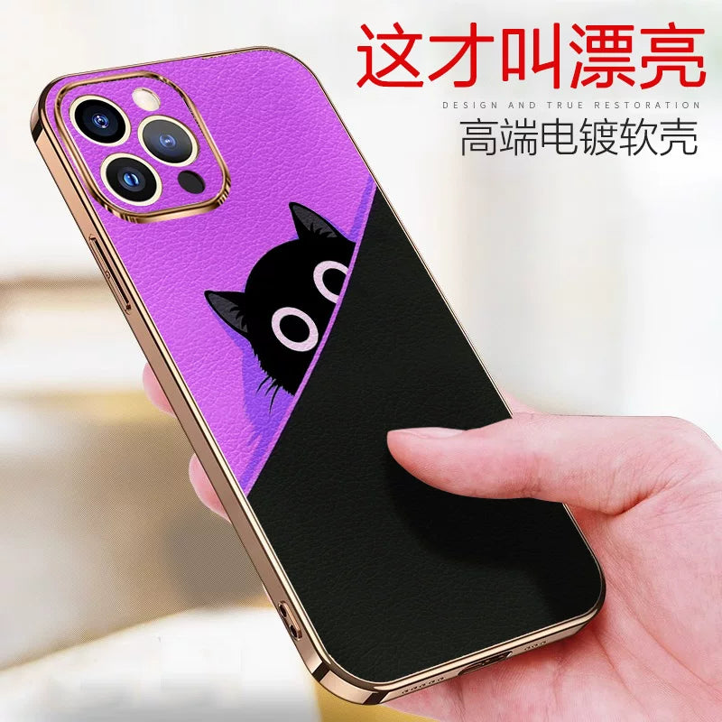 Compatible with Apple iPhone 15 Pro Max, iPhone 16/17/12/13/14, cute Hello Kitty leather case with electroplating, high-end full-coverage premium feel, luxury gold-plated protective case for iPhone 16 Plus.