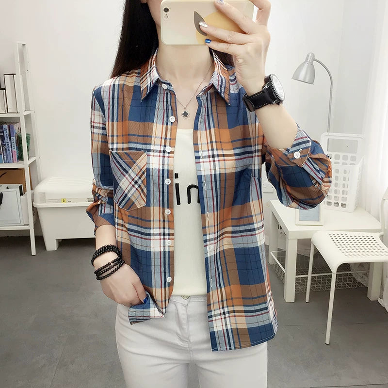 Plaid köynək qadın uzunqol yeni Koreya üslublu retro Honq Konq üslublu alt köynək böyük ölçülü yaz və payız təsadüfi tək geyimli gödəkçə