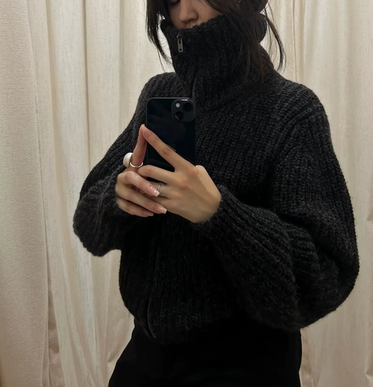 Böyük ölçülü! Qadınlar üçün Amerika retro fermuarlı balıqçı yaxalı hırka, yeni payız/qış üslubunda, geniş formada, qalın toxunmuş palto.