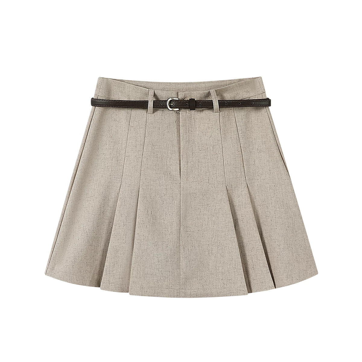 Xaki rəngli qat-qat yüksək belli A-xəttli ətək, yay, yaz, payız və qış üçün yeni bir tərzdə olmaqla, zərif və zərif bir ab-hava yaradır.