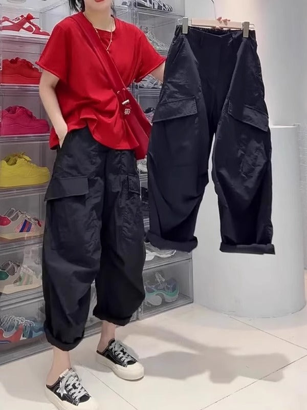 Qadınlar üçün tez quruyan əyri yük şalvarı, 2026 yay stili, nazik, böyük ölçülü, yüksək belli, boş, gündəlik, arıqladıcı, çoxfunksiyalı banan şalvar