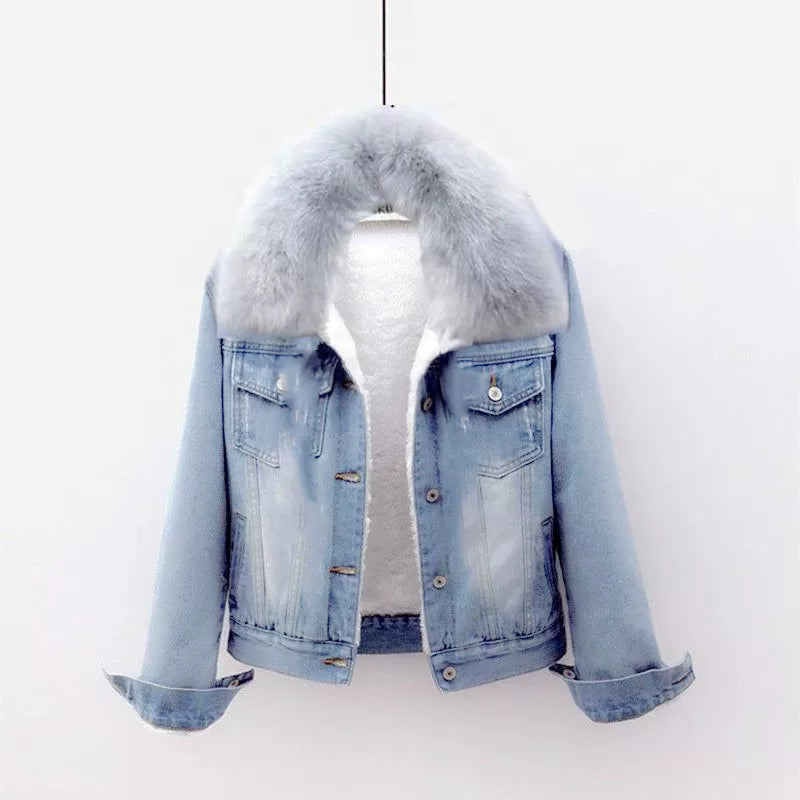 Qadın Denim Yastıqlı Gödəkçə, Yun astarlı, Qalın, Koreya üslubunda, Başlıqlı, 2025 Payız/Qış, İsti, Qısa Gödəkçə, Arıqladıcı