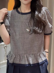 Koreya üslubunda büzməli, yamaqlı qısaqol köynək, 2026 yeni model, qadın yayı böyük ölçüdə, bel nahamarlaşdıran dama-dama köynək.