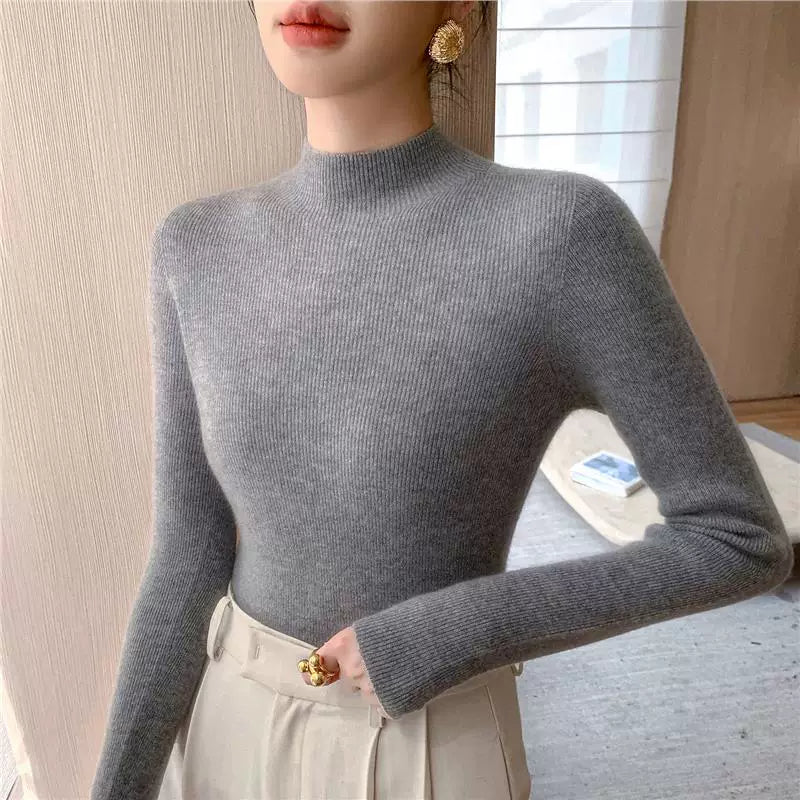 Qadınlar üçün yüksək keyfiyyətli yun sviter, hündür yaxalı, incə bədən quruluşlu, laylı-laylı, payız və qış üçün ideal, yeni model, qalın və çoxfunksiyalı toxunma sviter