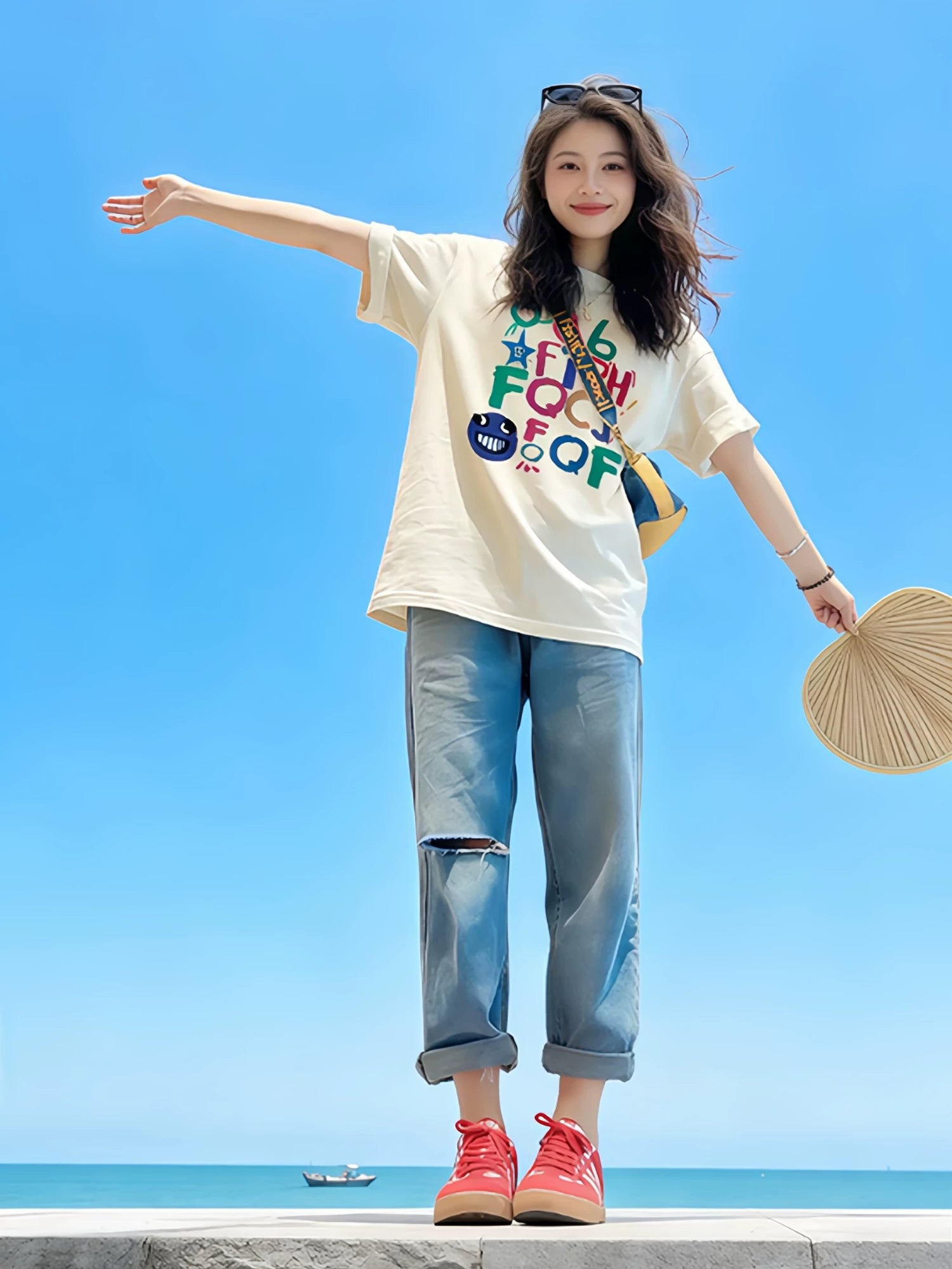 Koreya hərfi ilə çap olunmuş yuvarlaq boyunlu boş qısaqol köynək qadınlar üçün 2026 yay yeni stil heyrətamiz dopamin geyimli top