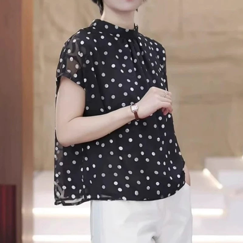Qadınlar üçün Böyük Ölçülü Fransız Üslublu Geri Dönən Polka Nöqtəli Köynək, Yeni Yay Modeli, Arıqladıcı Dizayn, Qəşəng Qısaqol Top